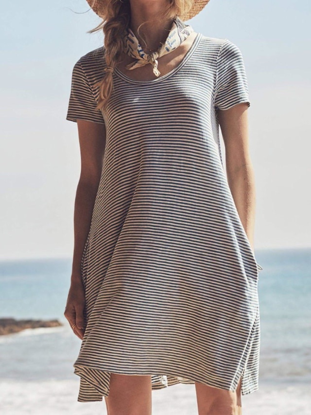 NWT Faherty Sanibel Cotton Button Back T-Shirt Dress sz Medium blue/white stripe